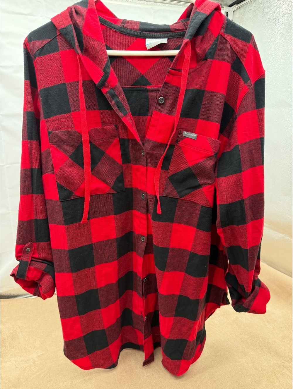 Columbia Red and Black Plaid Hooded Flannel Shirt Jacket